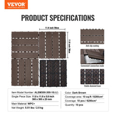 Product specifications for dark brown interlocking WPC deck tiles, 11.8x11.8 inches, 10 sq ft coverage per pack.