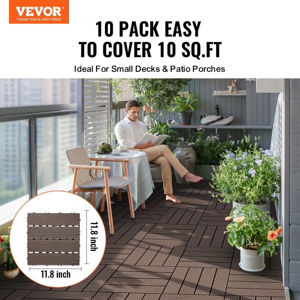 Dark brown interlocking deck tiles measuring 12"x12" made of WPC plastic wood in a 10-pack.