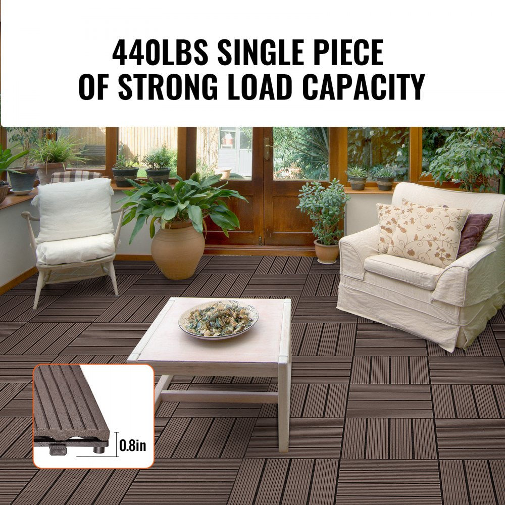 Dark brown interlocking deck tiles with a waterproof, slip-resistant surface in a 10-pack.