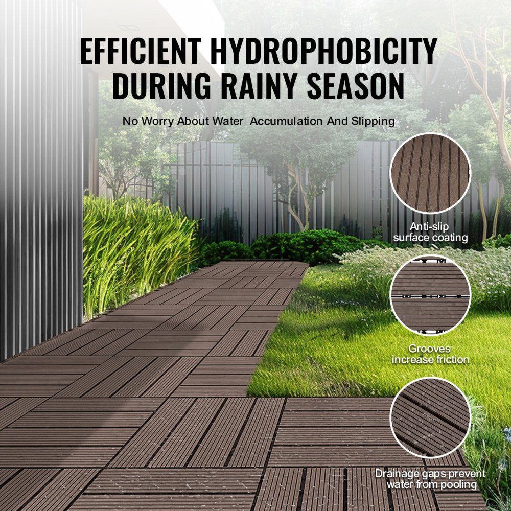 Dark brown interlocking deck tiles, 12"x12", made of waterproof WPC plastic wood, 10-pack.