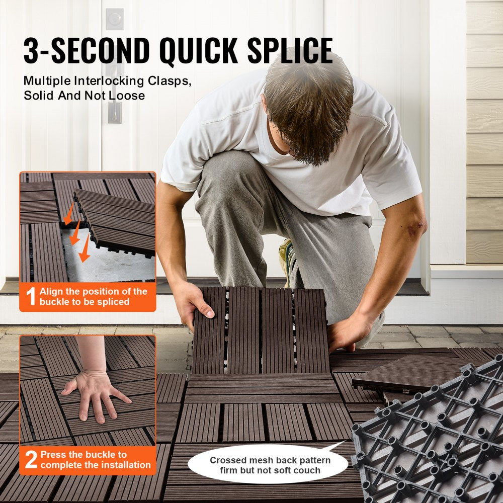 Dark brown interlocking deck tiles, 12"x12", made of waterproof WPC plastic wood, 10-pack.