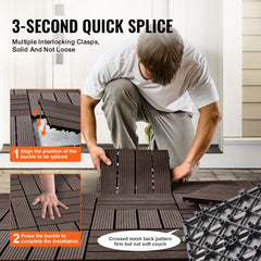 Dark brown interlocking deck tiles, 12"x12", made of waterproof WPC plastic wood, 10-pack.