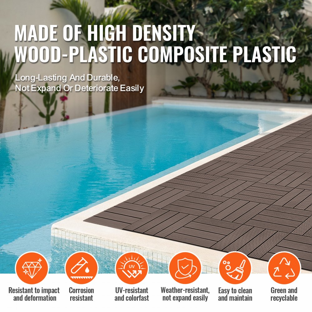 Dark brown interlocking deck tiles with a waterproof, slip-resistant surface in a 10-pack.