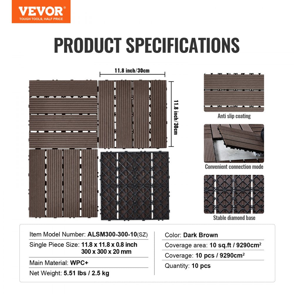 Dark brown interlocking deck tiles with a waterproof, slip-resistant surface in a 10-pack.