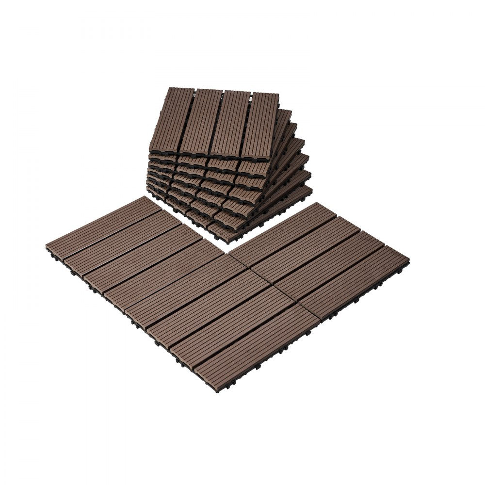 Dark brown interlocking deck tiles measuring 12"x12" made from durable WPC plastic wood.