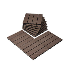 Dark brown interlocking deck tiles measuring 12"x12" made from durable WPC plastic wood.