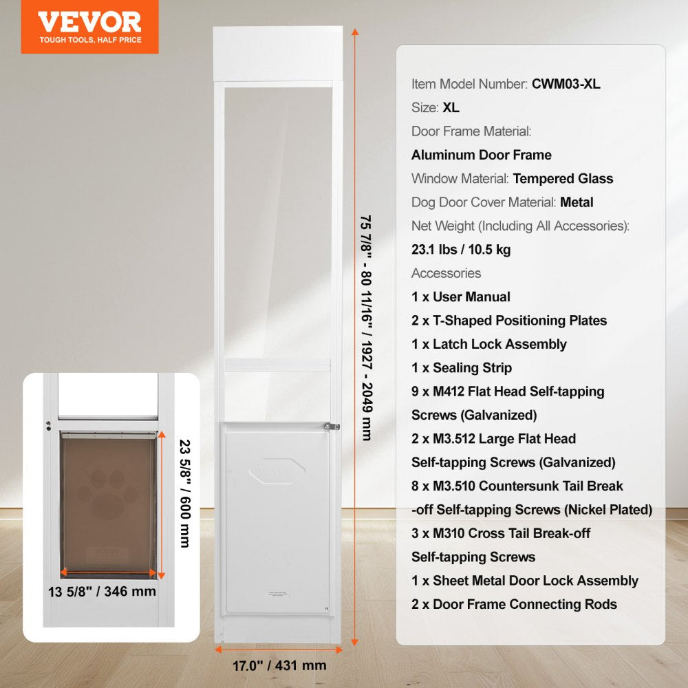 Dog Door for Sliding Glass Door 75 7/8"-80 11/16" Adjustable Height XL
