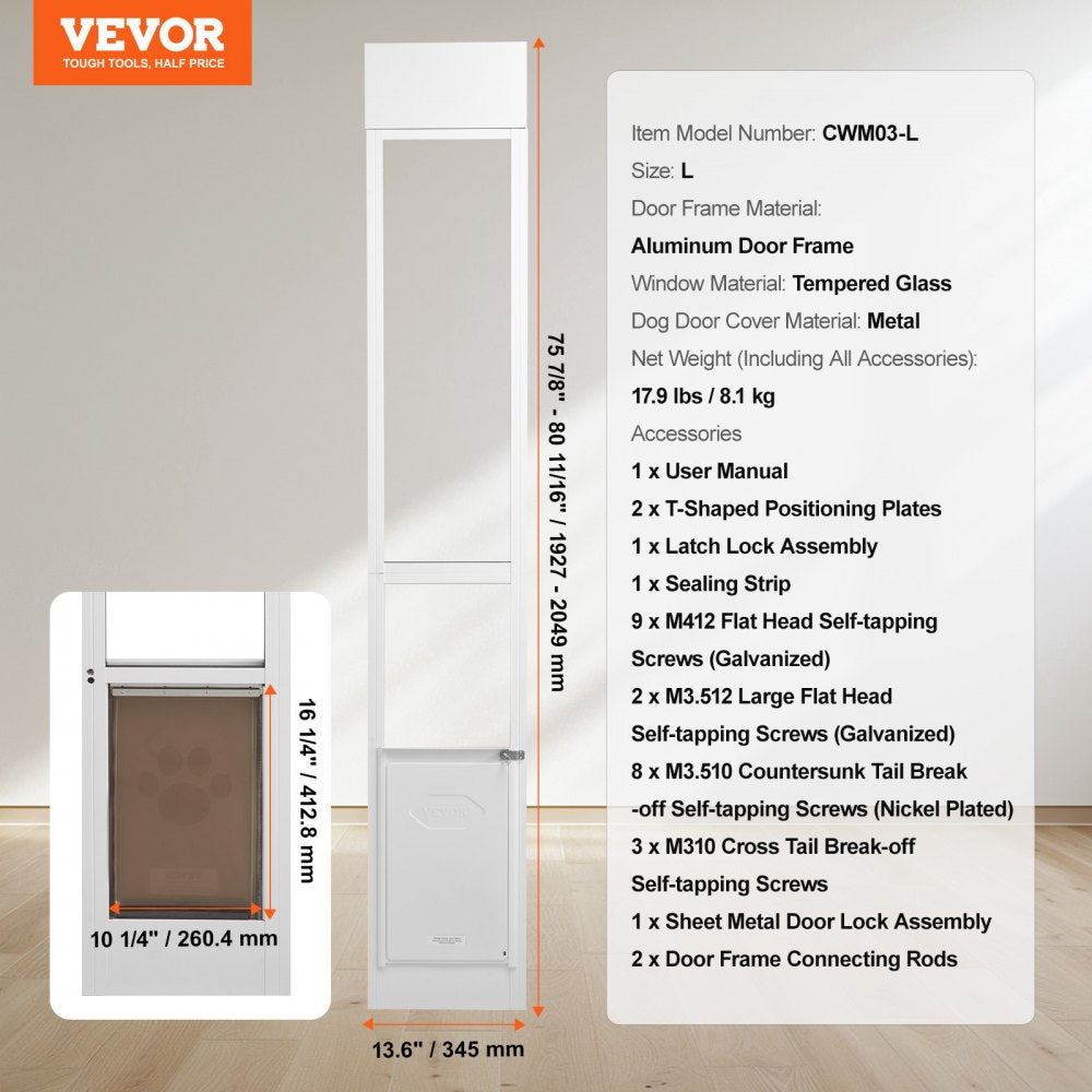 Dog Door for Sliding Glass Door 75 7/8"-80 11/16" Adjustable Height L