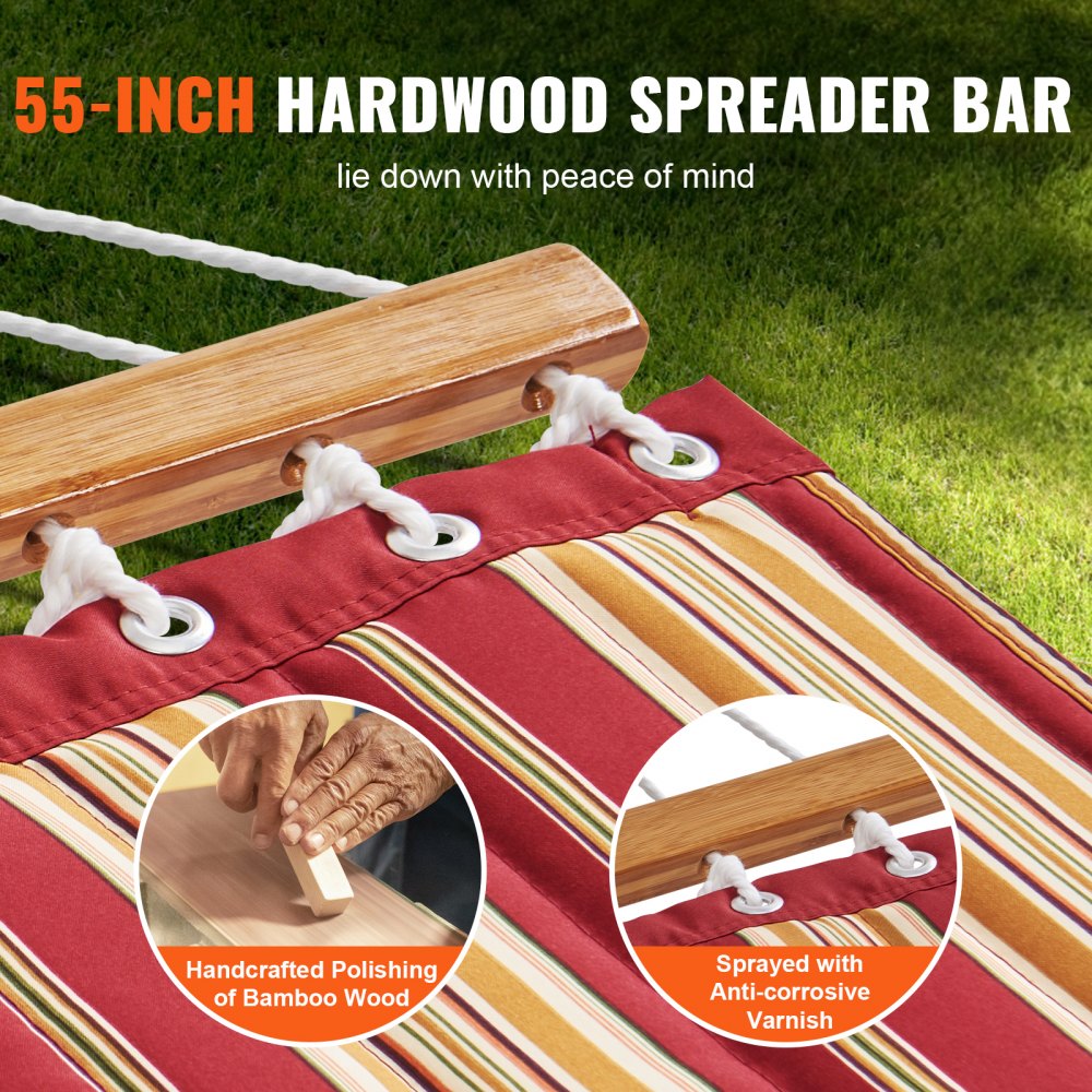 Double Quilted Fabric Hammock with Hardwood Spreader Bar Detachable Pillow