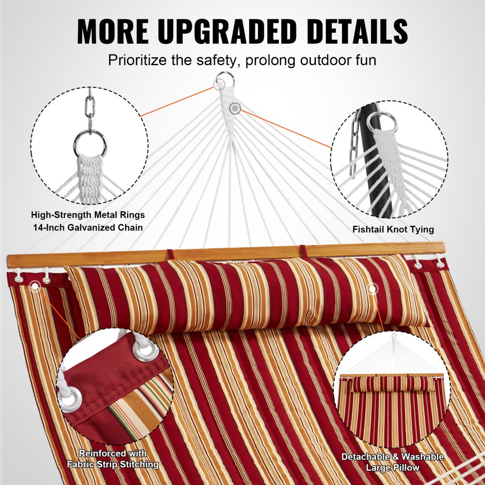 Double Quilted Fabric Hammock with Hardwood Spreader Bar Detachable Pillow