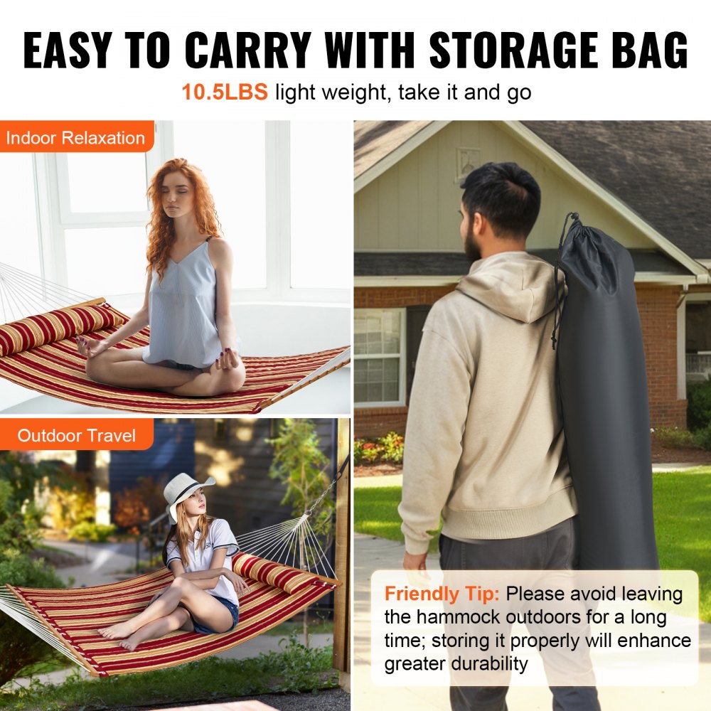 Double Quilted Fabric Hammock with Hardwood Spreader Bar Detachable Pillow