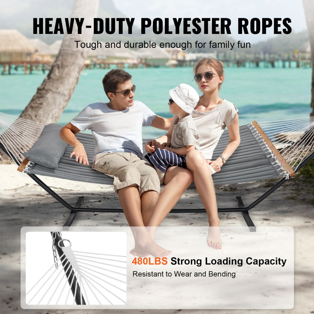Two Person Hammock with Stand Included Heavy Duty 480lb Capacity, Double Hammock with 12 FT Steel Stand and Portable Carrying Bag and Pillow, Freestanding Hammock for Outdoor Patio Yard Beach