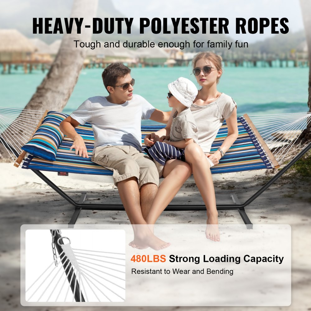 Two Person Hammock with Stand Included Heavy Duty 480lb Capacity, Double Hammock with 12 FT Steel Stand and Portable Carrying Bag and Pillow, Freestanding Hammock for Outdoor Patio Yard Beach