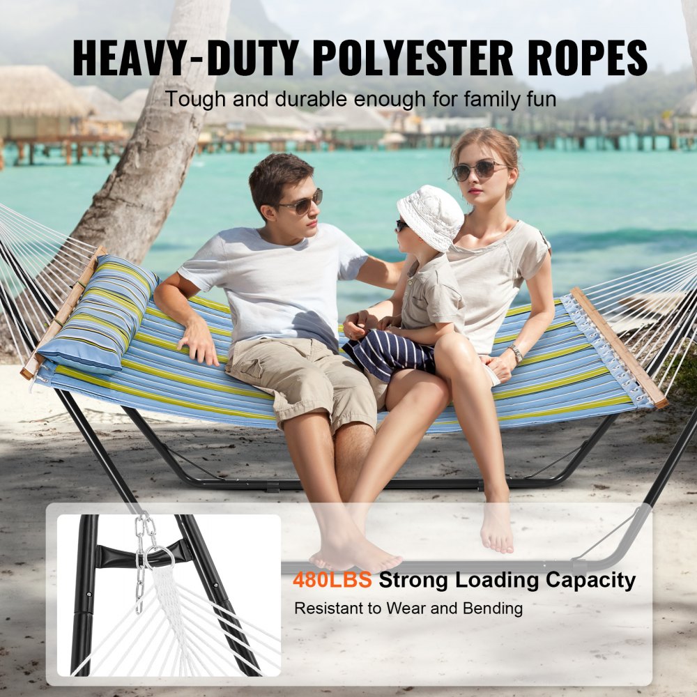 Double Quilted Fabric Hammock Two Person Hammock with Stand 480lb Capacity
