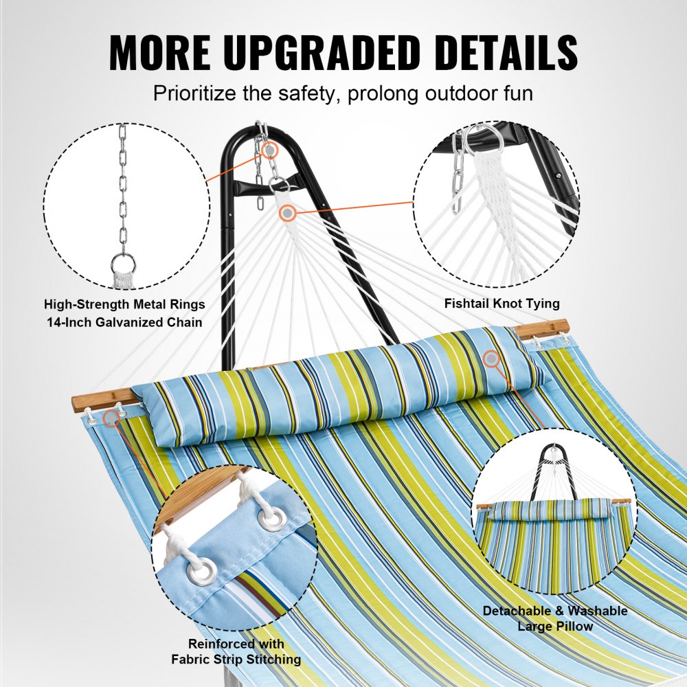 Double Quilted Fabric Hammock Two Person Hammock with Stand 480lb Capacity