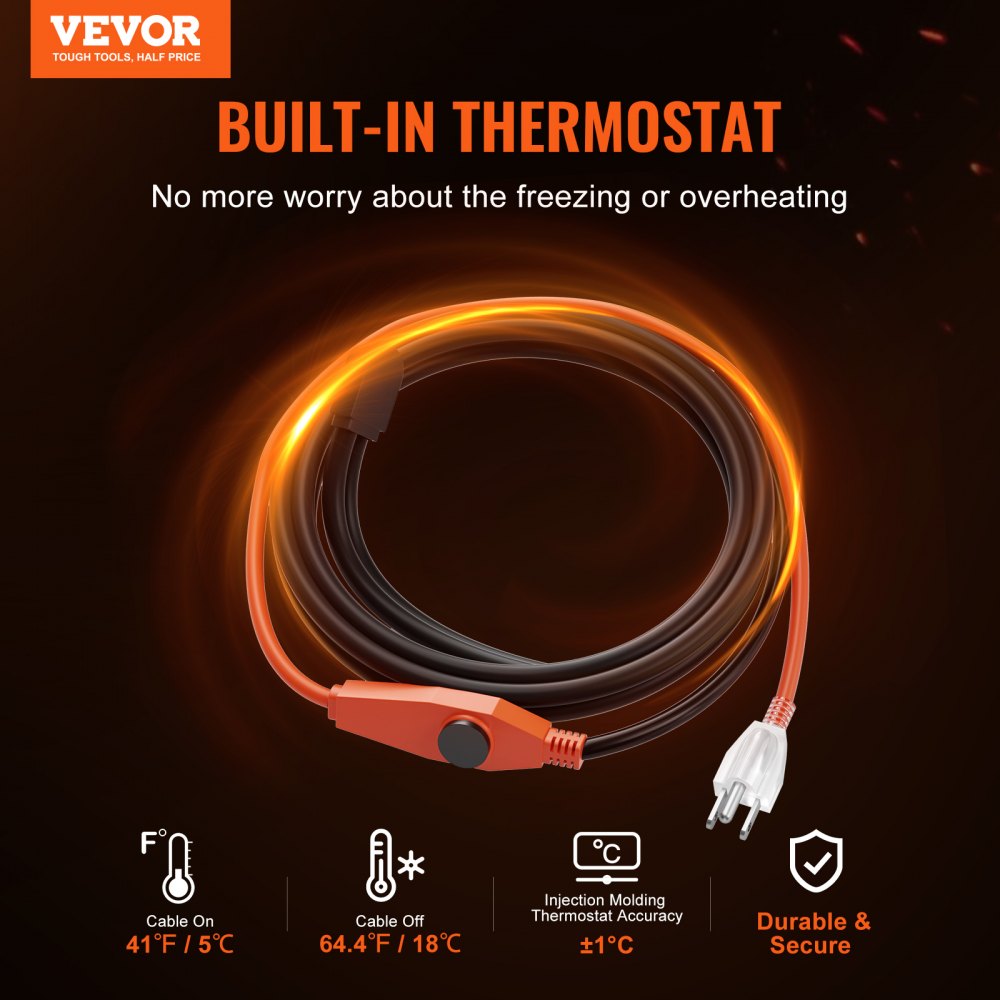 Bostome 6ft pipe heating cable with built-in thermostat for preventing frozen pipes.