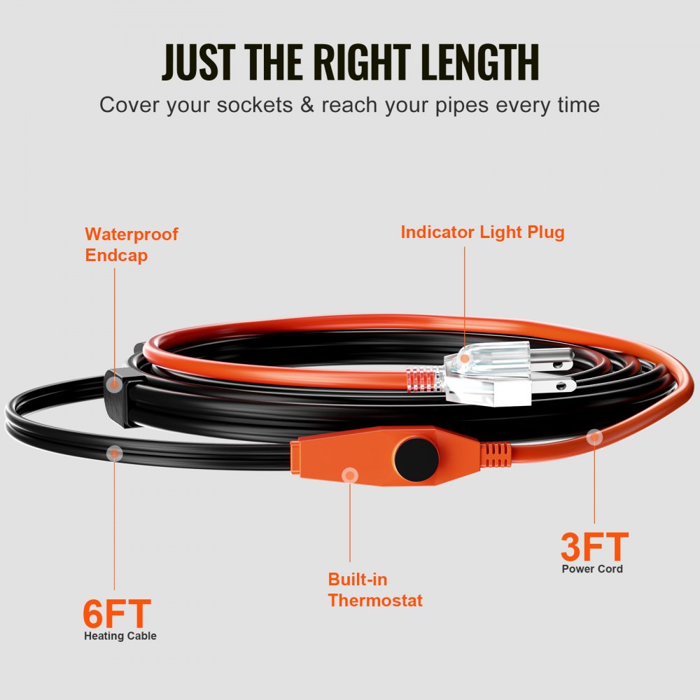 Bostome 6FT pipe heating cable with built-in thermostat for freeze protection.