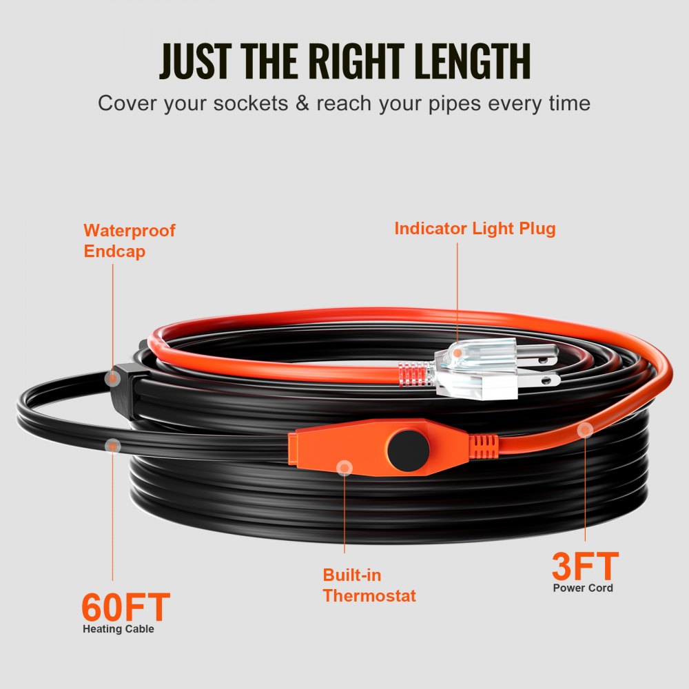 Bostome 60FT pipe heating cable with thermostat, designed for freeze protection and easy installation.