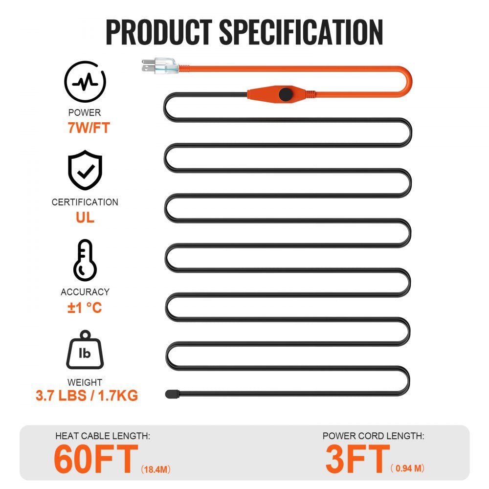 Bostome 60FT pipe heating cable with built-in thermostat and waterproof construction.