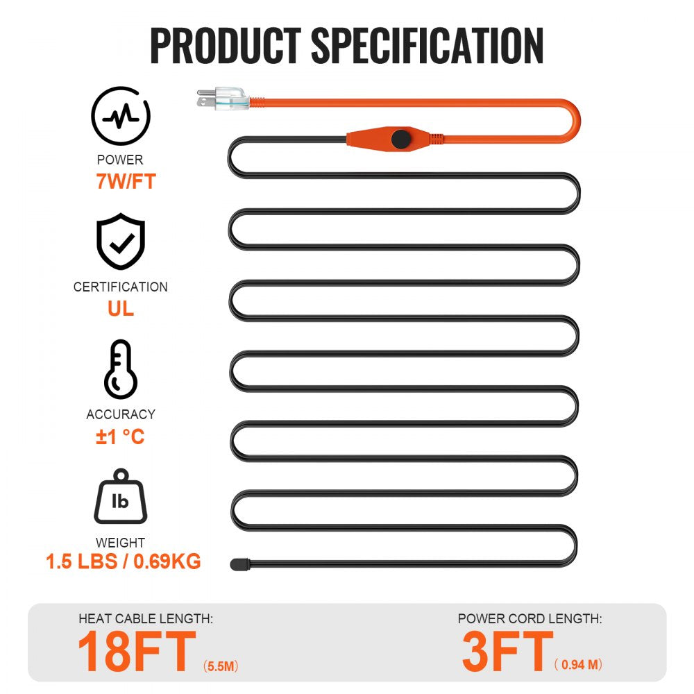 18-foot pipe heating cable with 7W/ft power, thermostat, UL certification, ±1°C accuracy, and 0.69kg weight.