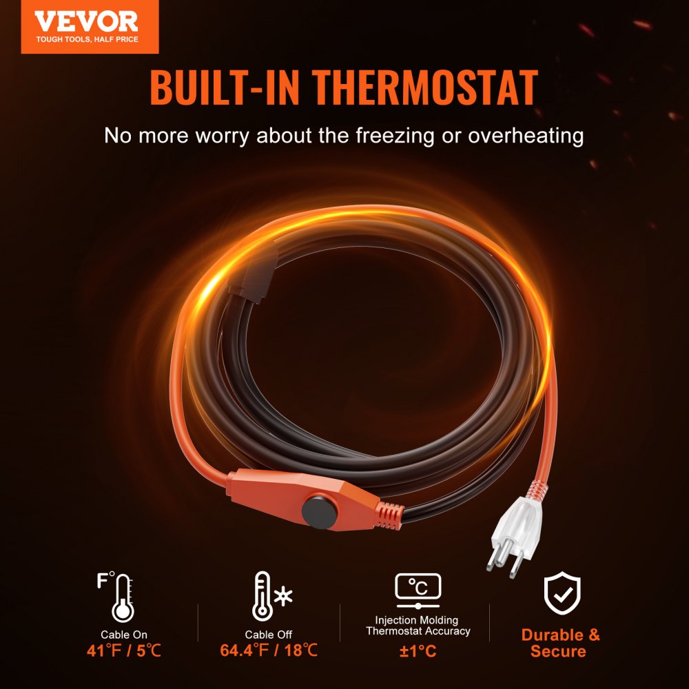 3ft orange pipe heating cable with built-in thermostat, plug, and temperature controls.