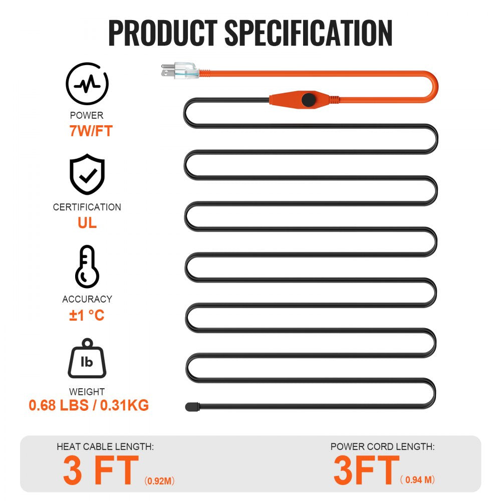 3ft pipe heating cable with 7W/FT output, built-in thermostat, UL certification, ±1°C accuracy, 0.31kg weight, and 3ft power cord.