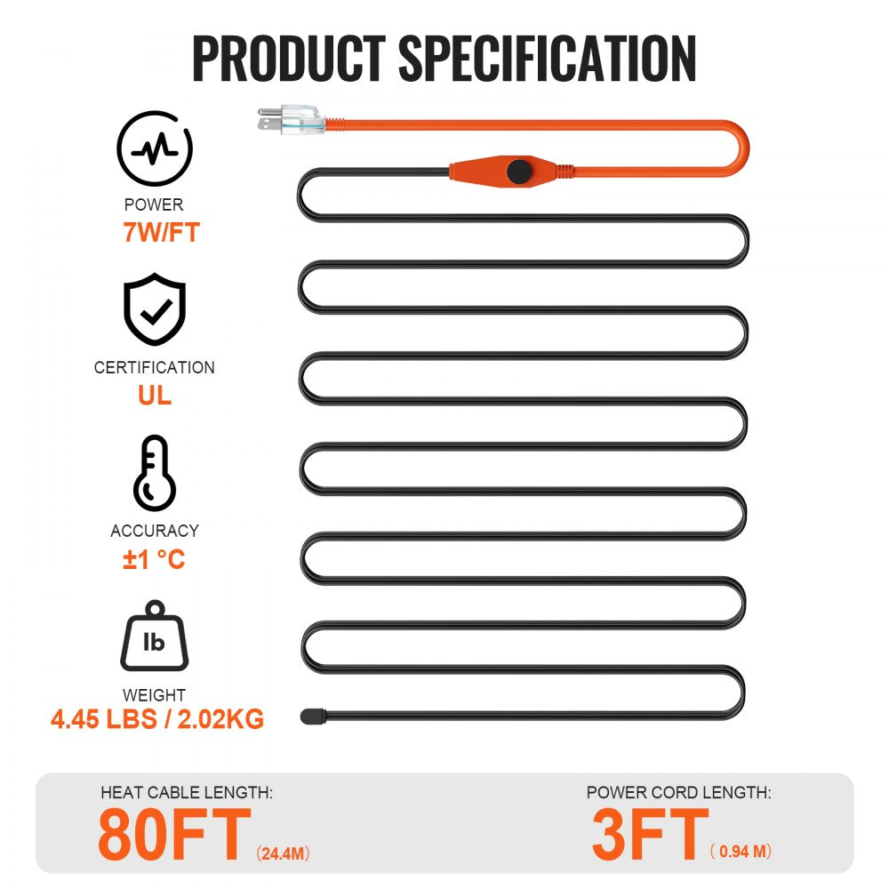 80-foot pipe heating cable with 7W/FT power, built-in thermostat, UL certification, and 3-foot cord.