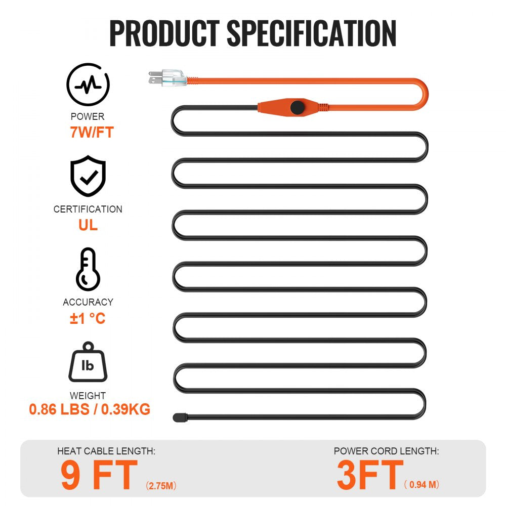 Pipe Heating Cable 9FT 7W/FT Heat Tape for Pipes with Built-in Thermostat