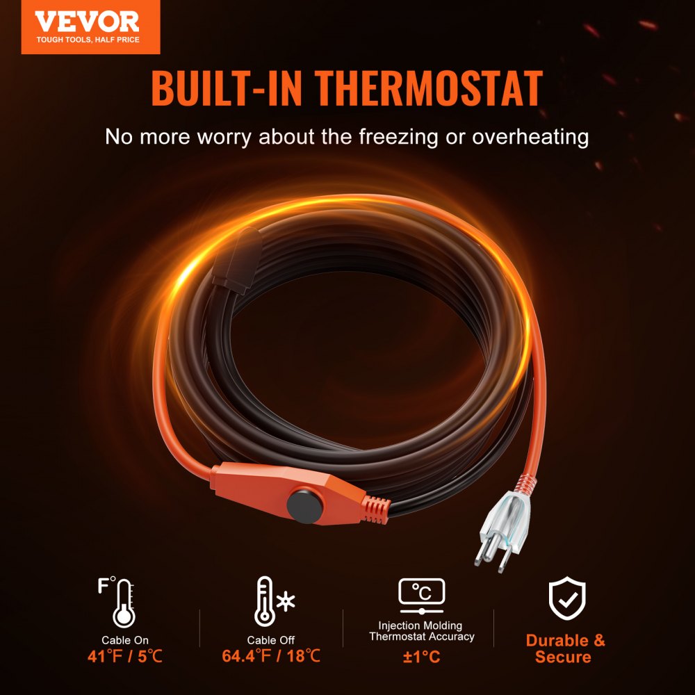 30-foot orange pipe heating cable with built-in thermostat and power plug.
