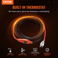30-foot orange pipe heating cable with built-in thermostat and power plug.