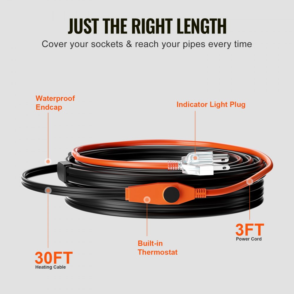 30-foot orange pipe heating cable with black insulation, built-in thermostat, waterproof endcap, indicator light plug, and 3-foot power cord.
