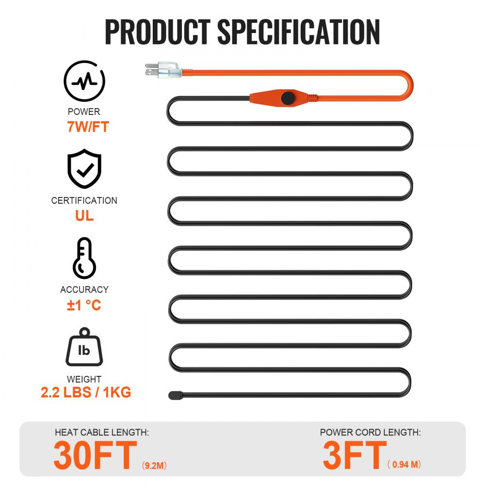 Infographic of Bostome 30FT pipe heating cable specs: 7W/FT, UL certified, ±1°C thermostat, 30ft length, 3ft power cord.