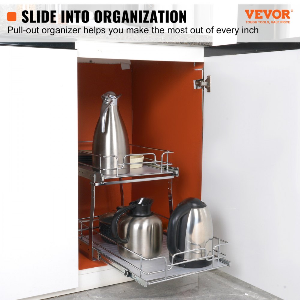 2 Tier 14"W x 21"D Pull Out Cabinet Organizer, Heavy Duty Slide Out Pantry Shelves, Chrome-Plated Steel Roll Out Drawers, Sliding Drawer Storage for Inside Kitchen Cabinet, Bathroom, Under Sink
