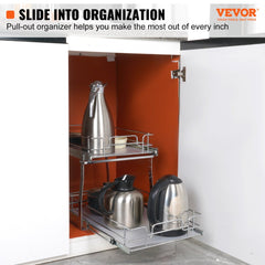 2 Tier 14"W x 21"D Pull Out Cabinet Organizer, Heavy Duty Slide Out Pantry Shelves, Chrome-Plated Steel Roll Out Drawers, Sliding Drawer Storage for Inside Kitchen Cabinet, Bathroom, Under Sink