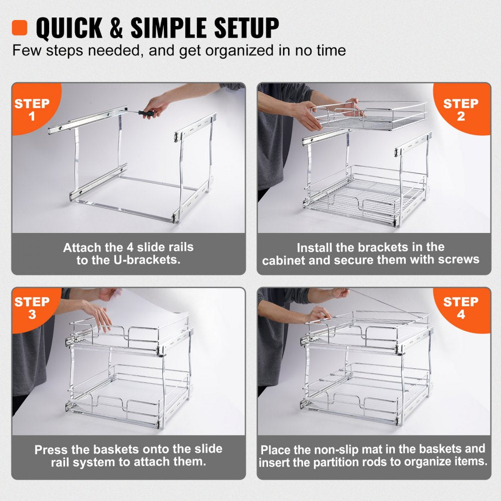 2 Tier 14"W x 21"D Pull Out Cabinet Organizer, Heavy Duty Slide Out Pantry Shelves, Chrome-Plated Steel Roll Out Drawers, Sliding Drawer Storage for Inside Kitchen Cabinet, Bathroom, Under Sink
