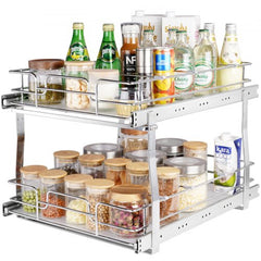 2 Tier 17"W x 21"D Pull Out Cabinet Organizer, Heavy Duty Slide Out Pantry Shelves, Chrome-Plated Steel Roll Out Drawers, Sliding Drawer Storage for Inside Kitchen Cabinet, Bathroom, Under Sink