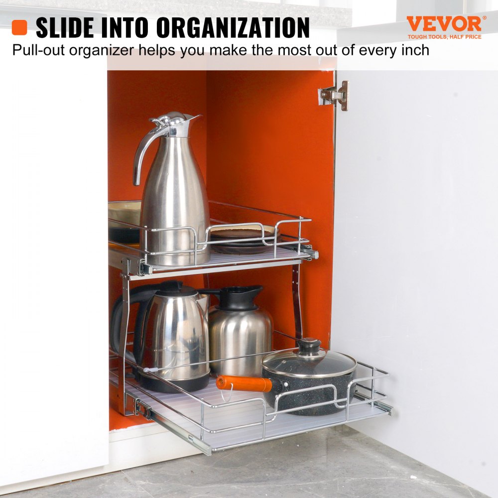 2 Tier 17"W x 21"D Pull Out Cabinet Organizer, Heavy Duty Slide Out Pantry Shelves, Chrome-Plated Steel Roll Out Drawers, Sliding Drawer Storage for Inside Kitchen Cabinet, Bathroom, Under Sink