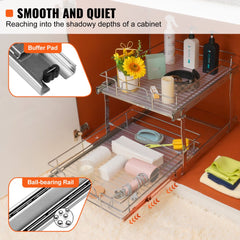 2 Tier 17"W x 21"D Pull Out Cabinet Organizer, Heavy Duty Slide Out Pantry Shelves, Chrome-Plated Steel Roll Out Drawers, Sliding Drawer Storage for Inside Kitchen Cabinet, Bathroom, Under Sink