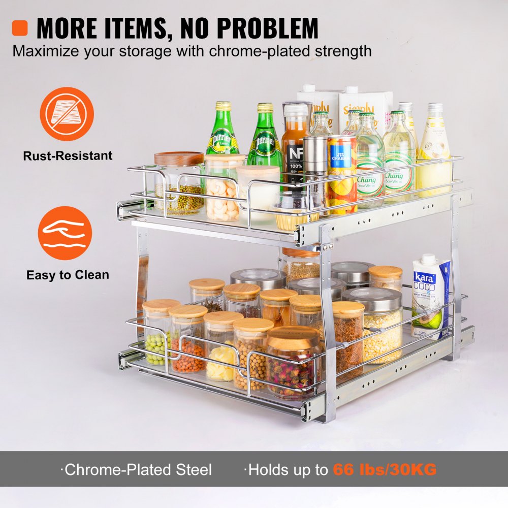 2 Tier 17"W x 21"D Pull Out Cabinet Organizer, Heavy Duty Slide Out Pantry Shelves, Chrome-Plated Steel Roll Out Drawers, Sliding Drawer Storage for Inside Kitchen Cabinet, Bathroom, Under Sink