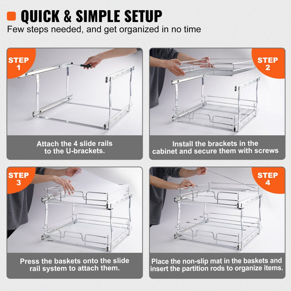 2 Tier 17"W x 21"D Pull Out Cabinet Organizer, Heavy Duty Slide Out Pantry Shelves, Chrome-Plated Steel Roll Out Drawers, Sliding Drawer Storage for Inside Kitchen Cabinet, Bathroom, Under Sink