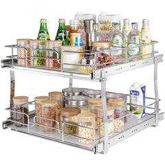 2 Tier 19"W x 20"D Pull Out Cabinet Organizer, Heavy Duty Slide Out Pantry Shelves, Chrome-Plated Steel Roll Out Drawers, Sliding Drawer Storage for Inside Kitchen Cabinet, Bathroom, Under Sink