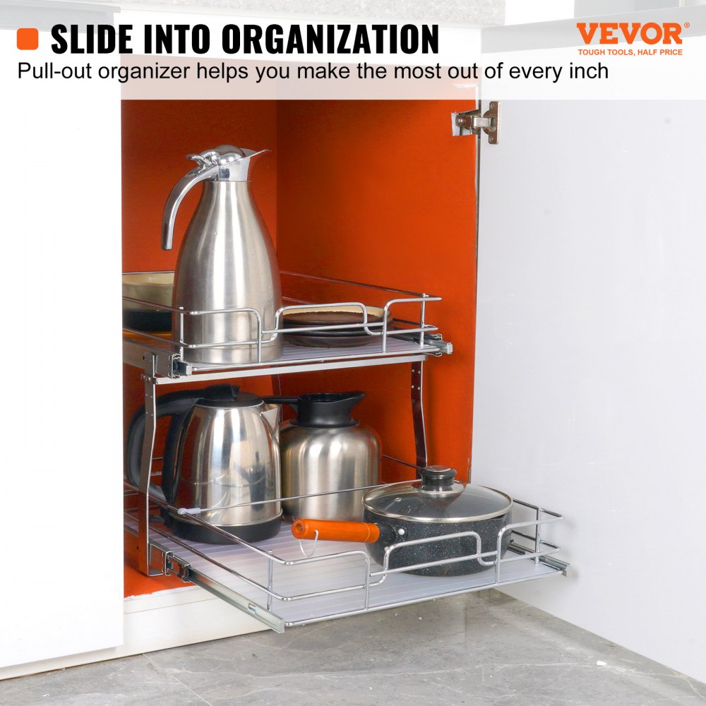 2 Tier 19"W x 20"D Pull Out Cabinet Organizer, Heavy Duty Slide Out Pantry Shelves, Chrome-Plated Steel Roll Out Drawers, Sliding Drawer Storage for Inside Kitchen Cabinet, Bathroom, Under Sink
