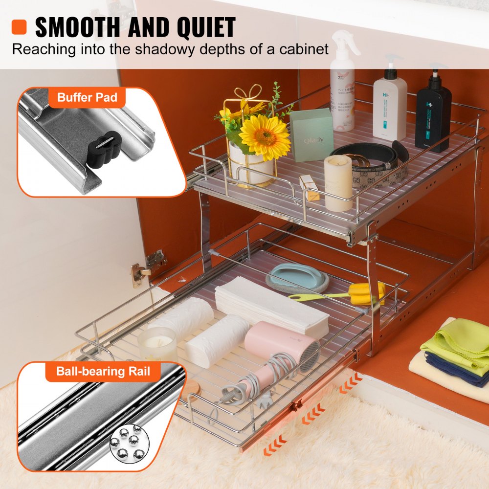 2 Tier 19"W x 20"D Pull Out Cabinet Organizer, Heavy Duty Slide Out Pantry Shelves, Chrome-Plated Steel Roll Out Drawers, Sliding Drawer Storage for Inside Kitchen Cabinet, Bathroom, Under Sink