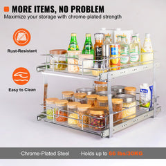 2 Tier 19"W x 20"D Pull Out Cabinet Organizer, Heavy Duty Slide Out Pantry Shelves, Chrome-Plated Steel Roll Out Drawers, Sliding Drawer Storage for Inside Kitchen Cabinet, Bathroom, Under Sink