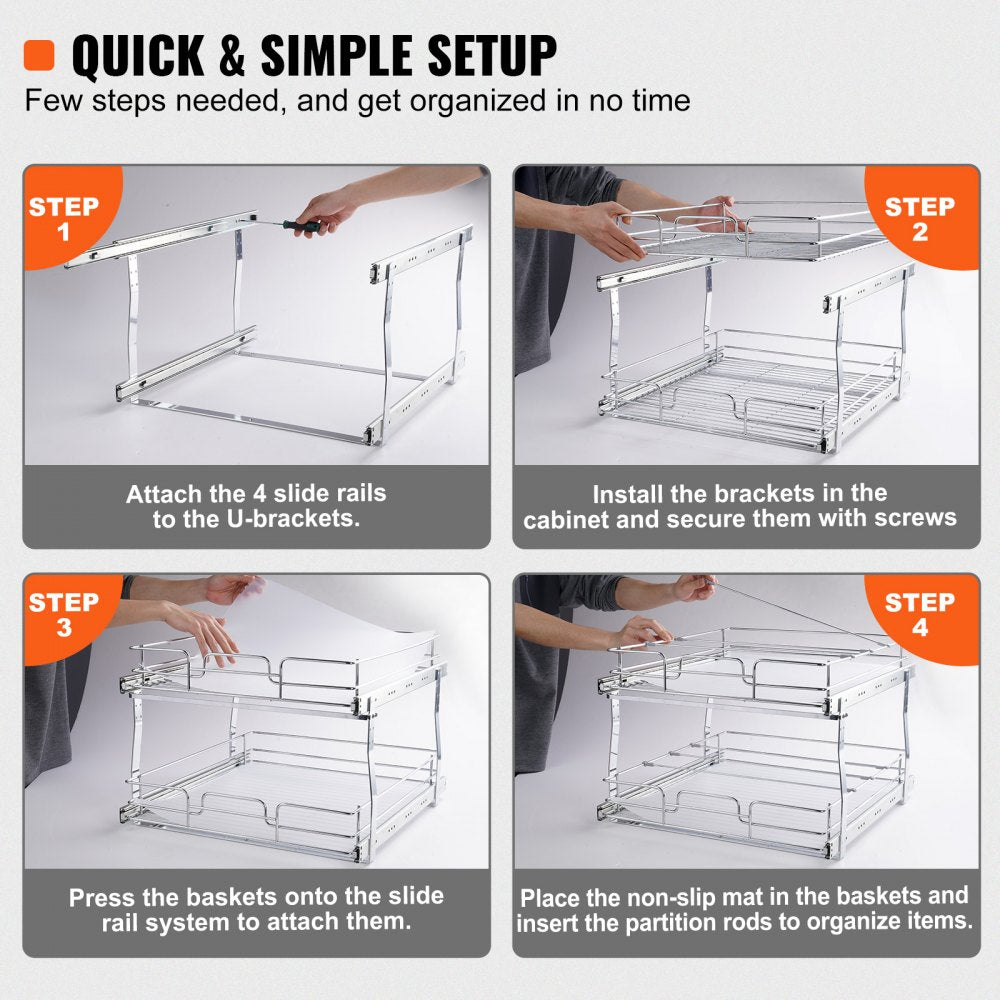 2 Tier 19"W x 20"D Pull Out Cabinet Organizer, Heavy Duty Slide Out Pantry Shelves, Chrome-Plated Steel Roll Out Drawers, Sliding Drawer Storage for Inside Kitchen Cabinet, Bathroom, Under Sink