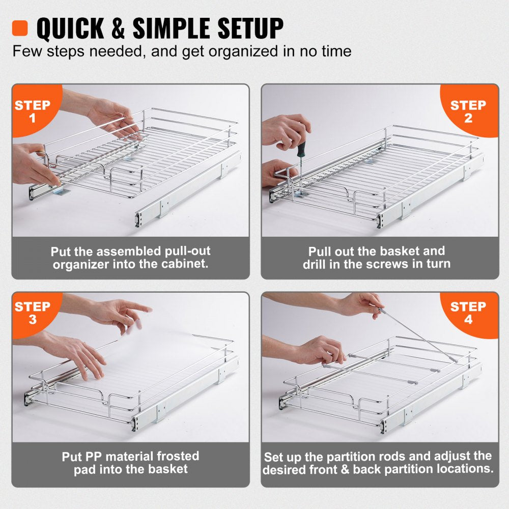 12"W x 17"D Pull Out Cabinet Organizer, Heavy Duty Slide Out Pantry Shelves, Chrome-Plated Steel Roll Out Drawers, Sliding Drawer Storage for Home, Inside Kitchen Cabinet, Bathroom, Under Sink