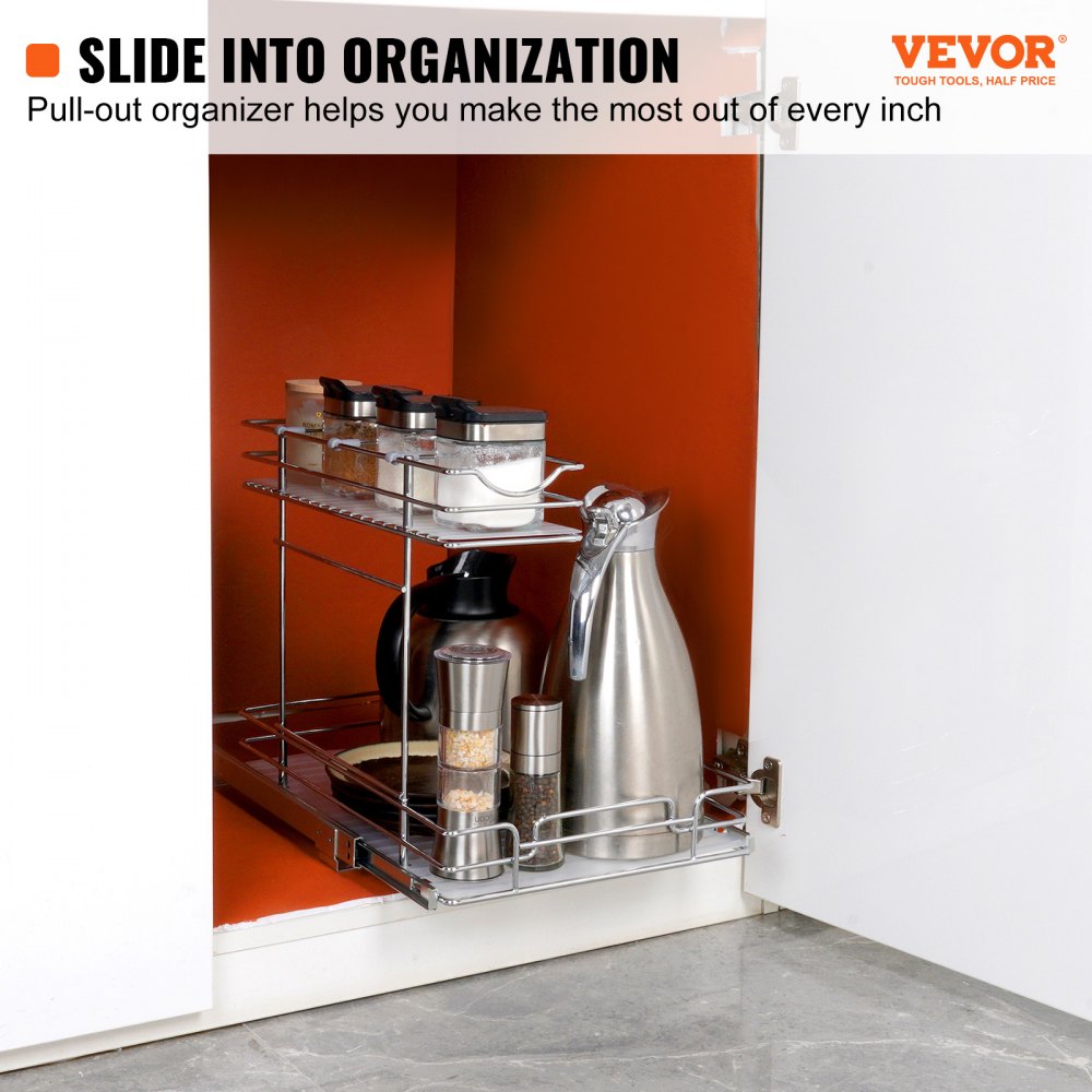 2 Tier 12"W x 17"D Pull Out Cabinet Organizer, Heavy Duty Slide Out Pantry Shelves, Chrome-Plated Steel Roll Out Drawers, Sliding Drawer Storage for Inside Kitchen Cabinet, Bathroom, Under Sink