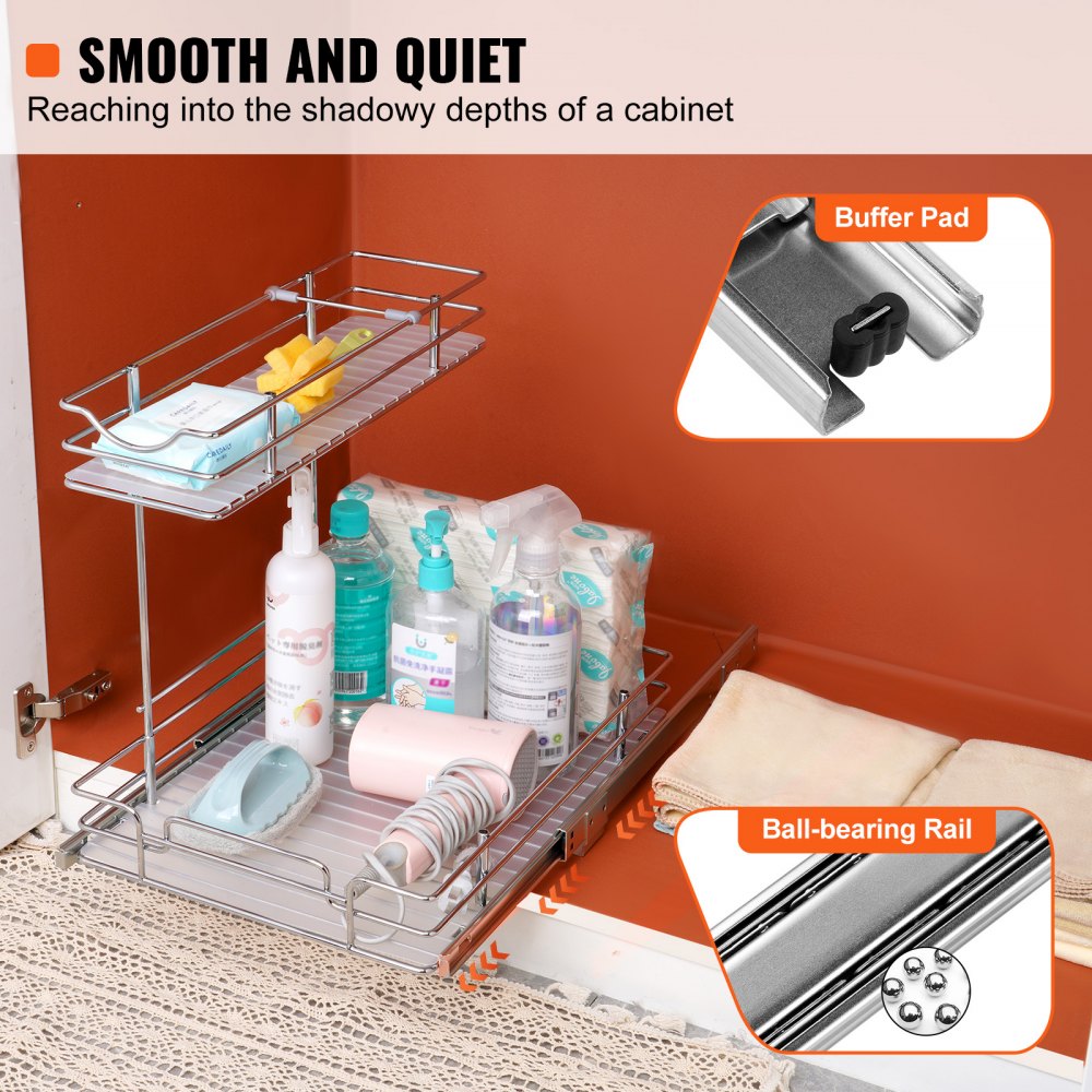 2 Tier 12"W x 17"D Pull Out Cabinet Organizer, Heavy Duty Slide Out Pantry Shelves, Chrome-Plated Steel Roll Out Drawers, Sliding Drawer Storage for Inside Kitchen Cabinet, Bathroom, Under Sink