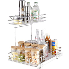 2 Tier 12"W x 17"D Pull Out Cabinet Organizer, Heavy Duty Slide Out Pantry Shelves, Chrome-Plated Steel Roll Out Drawers, Sliding Drawer Storage for Inside Kitchen Cabinet, Bathroom, Under Sink