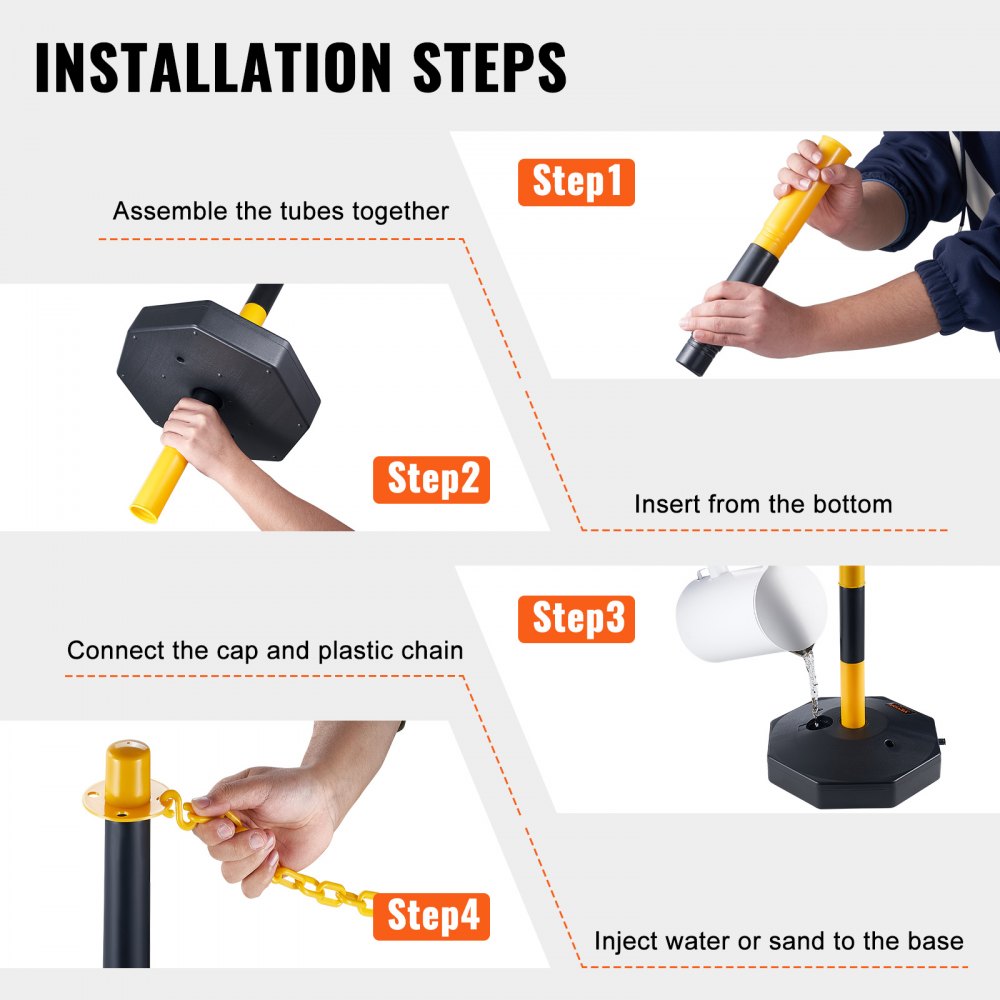 Adjustable Traffic Delineator Post Cones, 2 Pack, Traffic Safety Delineator Barrier with Fillable Base 8FT Chain, for Traffic Control Warning Parking Lot Construction Caution Roads, Yellow&Black